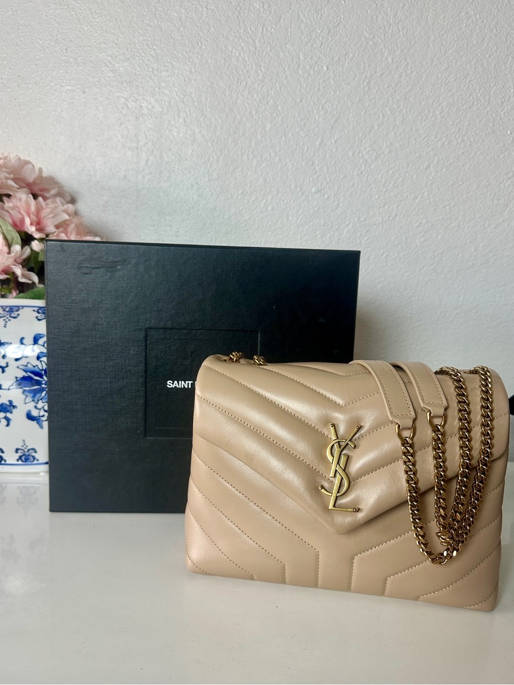 Saint Laurent Nude Quilted Leather Shoulder Bag with Gold YSL Chain